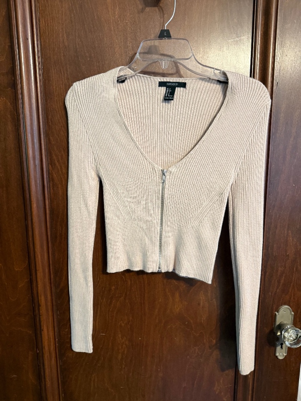 Cute beige zip up v neck sweater